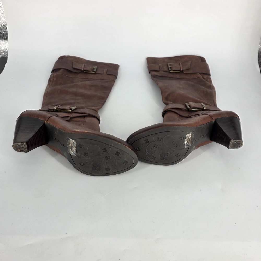 Arturo Chiang Leather Knee High Boots 8.5M Brown Block Heel Buckle Straps - Picture 6 of 9